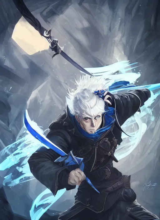 Image similar to a highly detailed illustration of fierce young short slick back white haired man wearing dark blue coat, bright blue eyes, dramatic wielding katana pose, intricate, elegant, highly detailed, centered, digital painting, artstation, concept art, smooth, sharp focus, league of legends concept art, wlop