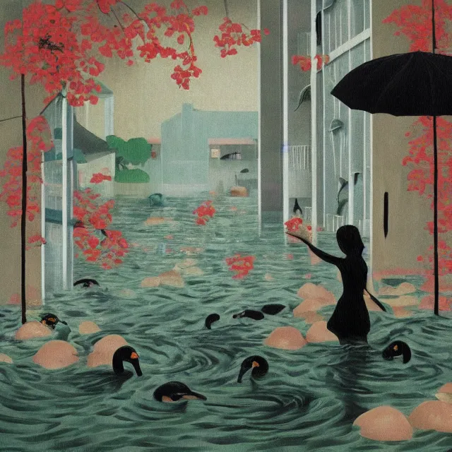 Prompt: painting of flood waters inside an apartment, emo catgirl art student, a river flooding inside, taps with running water, tangelos, zen, pigs, ikebana, water, river, rapids, waterfall, black swans, canoe, pomegranate, berries dripping, acrylic on canvas, surrealist, by magritte and monet
