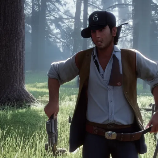 Prompt: Film still of Ash Ketchum, from Red Dead Redemption 2 (2018 video game)