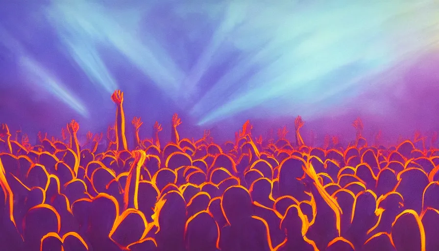 Image similar to painting of a crowd with raised arms pointing towards a glowing sky, volumetric lighting, nasty, hyperdetailed, realistic