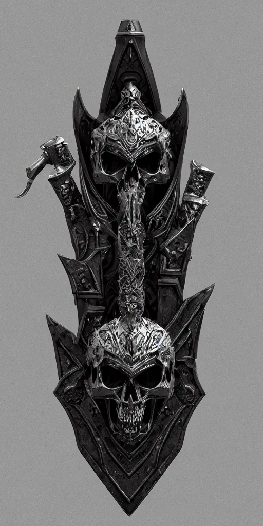 Prompt: a black and silver sword skull crest, ornament, weapon, a 3 d render by dom qwek, front side, concept art, trending on polycount, artstation, hard surface modeling, rendered in maya, zbrush, hd, vray, blizzard, symmetry