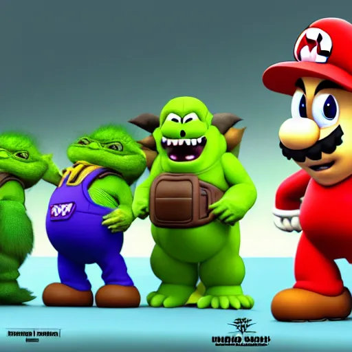 Image similar to mario godzilla yoda donkey kong pikachu yeti shrek super mario homer groot waluigi darth vader mike wazowski, highly detailed, extremely high quality, hd, 4 k, 8 k, professional photographer, 4 0 mp, lifelike, top - rated, award winning, cinematic, realistic, detailed lighting, detailed shadows, sharp, no blur, edited, corrected, trending