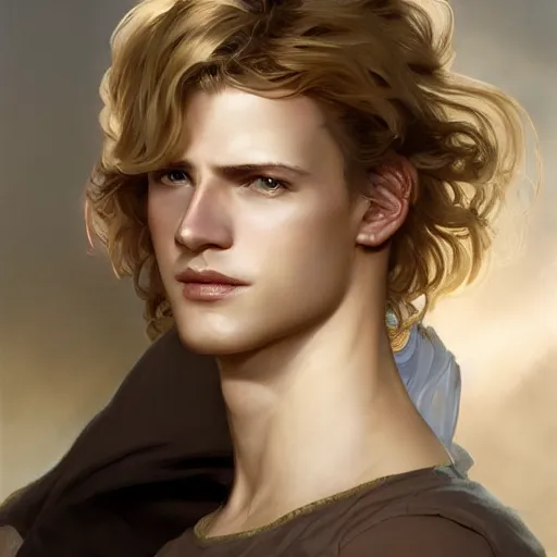 Prompt: A pregnant blond androgynous prince with closed eyes smiling, very detailed sharp angular masculine face, hooked nose and square jaw long fluffy curly blond hair, light blond hair, gorgeous, beautiful, intricate, highly detailed, digital painting, artstation, concept art, sharp focus, illustration, art by greg rutkowski and alphonse mucha