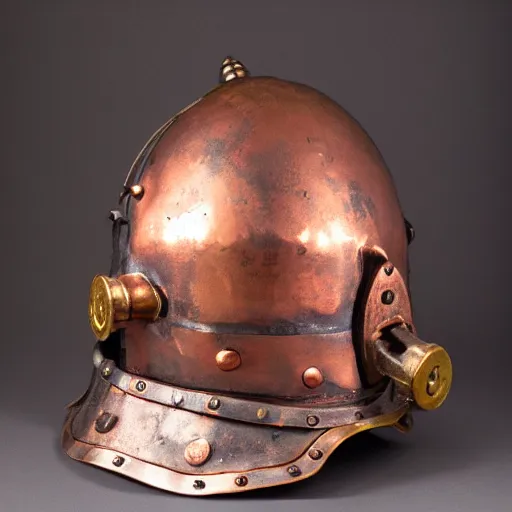 Image similar to a photo of an old copper deep diving helmet mixed with a knights helmet, royal details, ornamented, victorian, f 2. 8