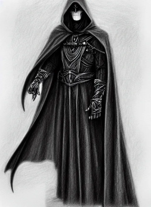 Image similar to pencil ultradetailed sketch of the necromancer, wearing a black cloak, crisp