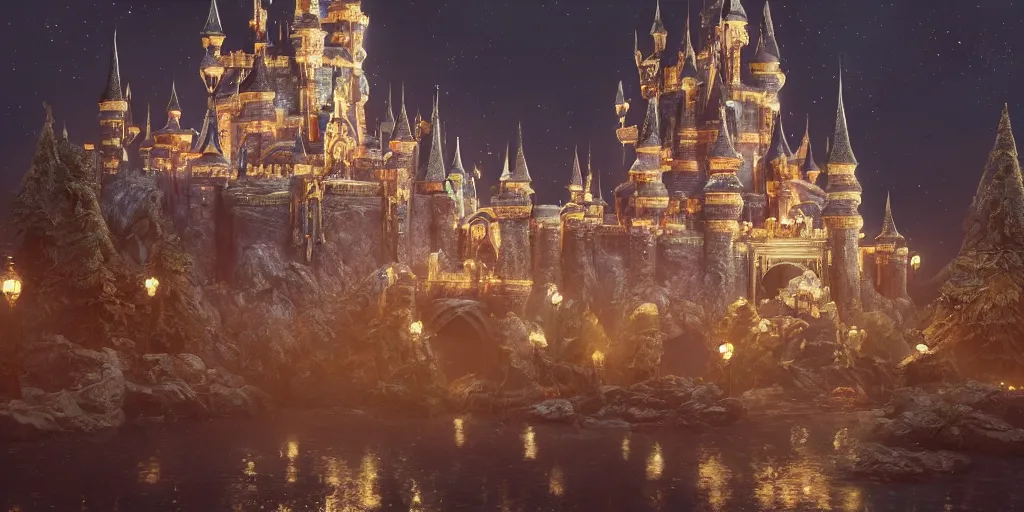 Image similar to a glittering fantasy castle at night with grand delicate walkways, extremely detailed oil painting, unreal 5 render, fantasy digital art, octane render, beautiful composition, trending on artstation, award-winning photograph, masterpiece