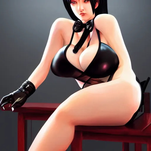 Prompt: 8K photorealistic Portrait of Nyotengu of DOA6 in High School costume, sitting on a chair, intricate, whole body, highly detailed, digital painting, artstation, concept art, smooth, sharp focus, illustration, art by Hajime Sorayama