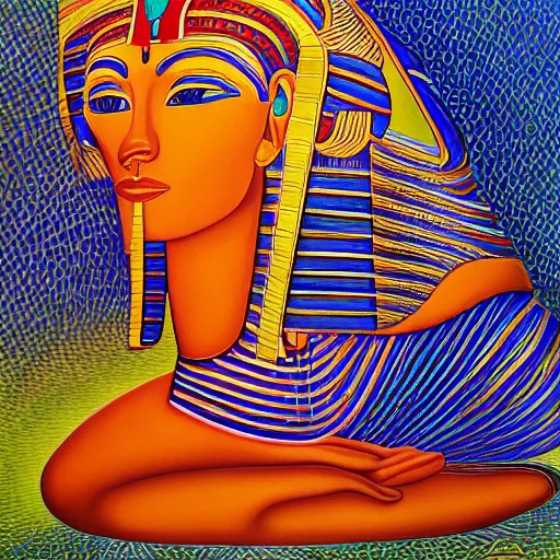 Image similar to painting of a peaceful Egyptian pharaoh relaxing under a tree by alex grey, acrylic art, calm, soothing, cosy, elegant, soft light,