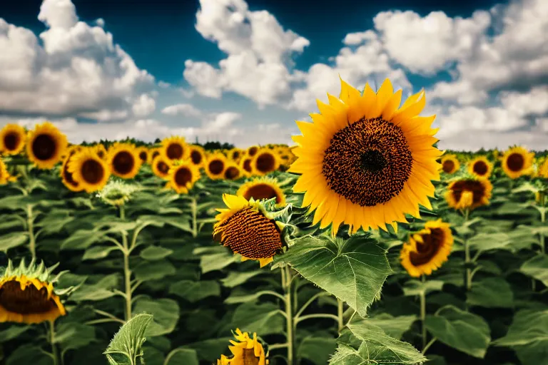 Prompt: portrait, photo of a dragonite smiling at the camera, beautiful, scene : sunflower field, colors : yellow sunflowers, cloudy sky, in a style of real - life natural photo