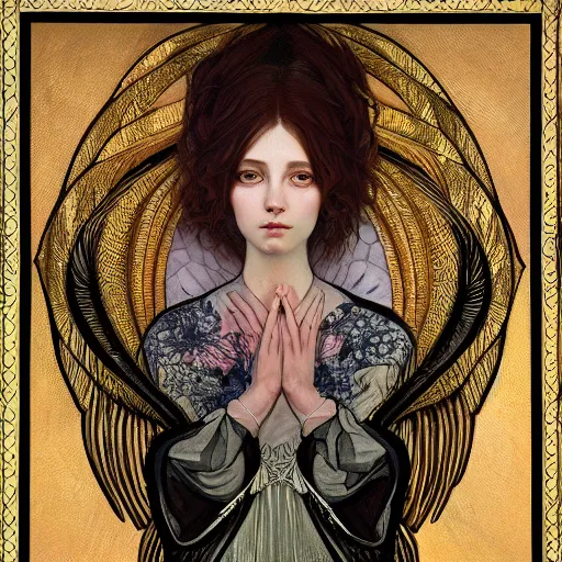 Image similar to hyperrealistic detailed portrait of a seraphim from layers of fear in the style of gothic and mucha sharp focus 8 k