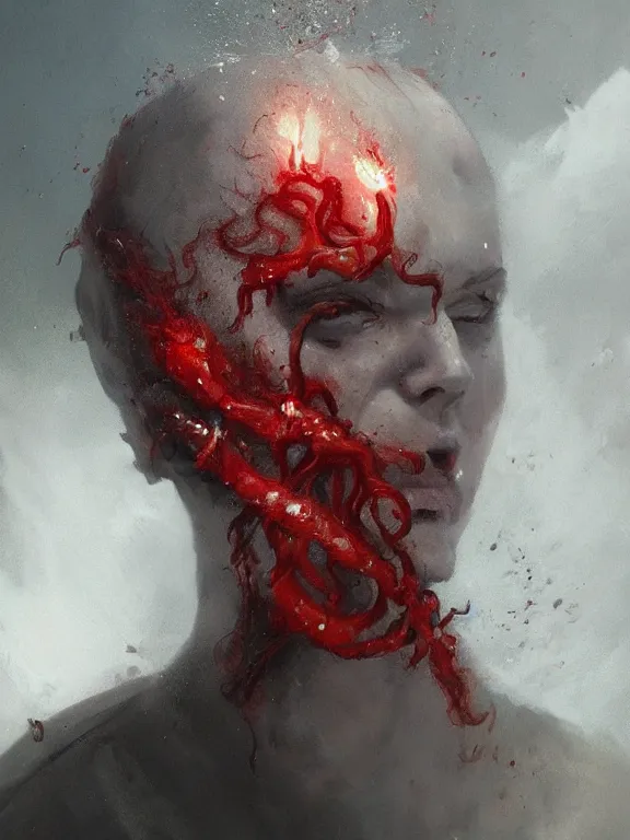 Image similar to painting by greg rutkowski of a flying sorrowful looking human head with tears running down it's eyes, face that is chalk white in color, with long sprawling white tentacles stemming down it's neck, fiery scorching red eyes, flying in a terrying hellish dark cavernous place