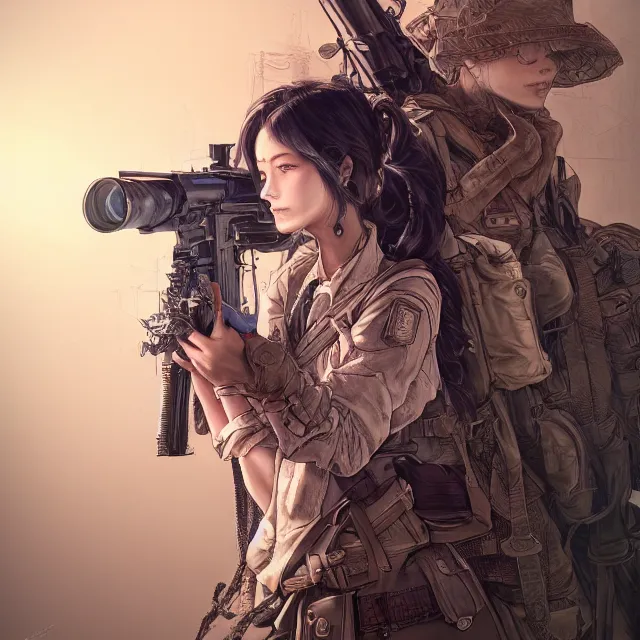 Image similar to the portrait of lawful neutral semi - colorful female infantry sniper as absurdly beautiful, gorgeous, elegant, young woman looking up, an ultrafine hyperdetailed illustration by kim jung gi, irakli nadar, intricate linework, bright colors, octopath traveler, final fantasy, unreal engine 5 highly rendered, global illumination, radiant light, detailed and intricate environment