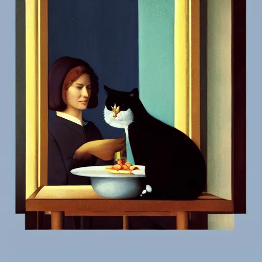 Image similar to a boring woman and her cat sharing a meal by Raphael, Hopper, and Rene Magritte. detailed, romantic, enchanting, trending on artstation.