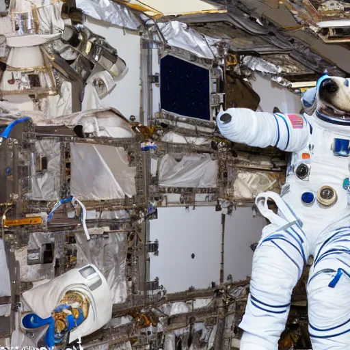 Prompt: dog astronaut repairing the outside of the international space station, photo, detailed, 4k