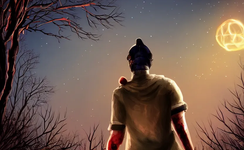 Image similar to view from behind a dead by daylight killer as he looks up to a night sky, stars aligning, character portrait, digital art