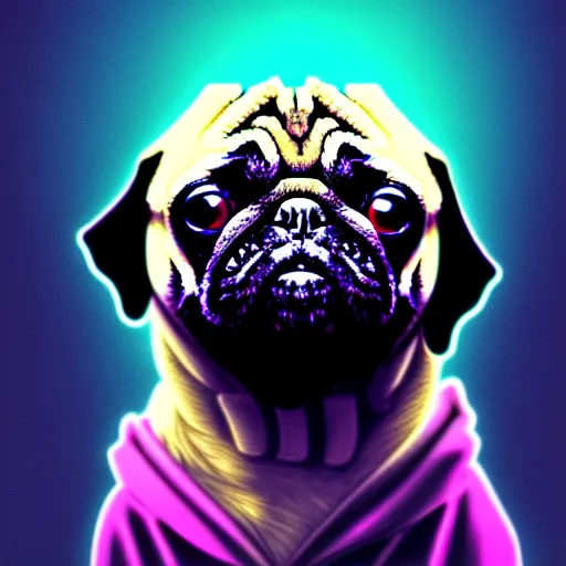 Image similar to a sad pug wearing a hoodie, the word ( sad ) is written on the hoodie in upper case letters, digital art, synthwave style, trending on artstation, matte painting