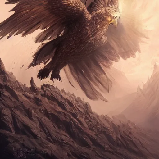 Image similar to Eagle, Anthropomorphized, as warlord general, magic the gathering artwork, D&D, fantasy, cinematic lighting, centered, symmetrical, highly detailed, digital painting, artstation, concept art, smooth, sharp focus, illustration, volumetric lighting, epic Composition, 8k, art by Akihiko Yoshida and Greg Rutkowski and Craig Mullins, heroic pose, oil painting, cgsociety, Battlefield background, explosions, arrows