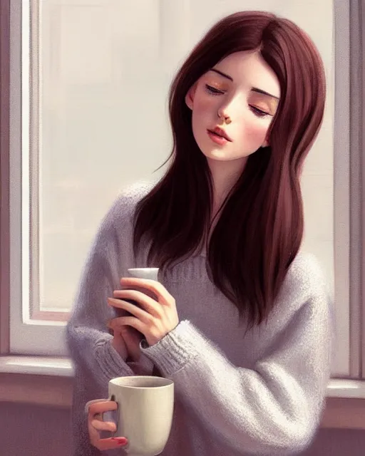 Image similar to a dreamy painting of a pretty french girl with dark hair, wearing an oversized sweater, cuddled up by a windowsill making eye contact with the viewer, holding a mug of hot tea covering her lower face. In the style of ilya kuvshinov, elegant, highly detailed, photorealistic, digital painting, bokeh, HDR, high resolution, artstation, concept art, smooth