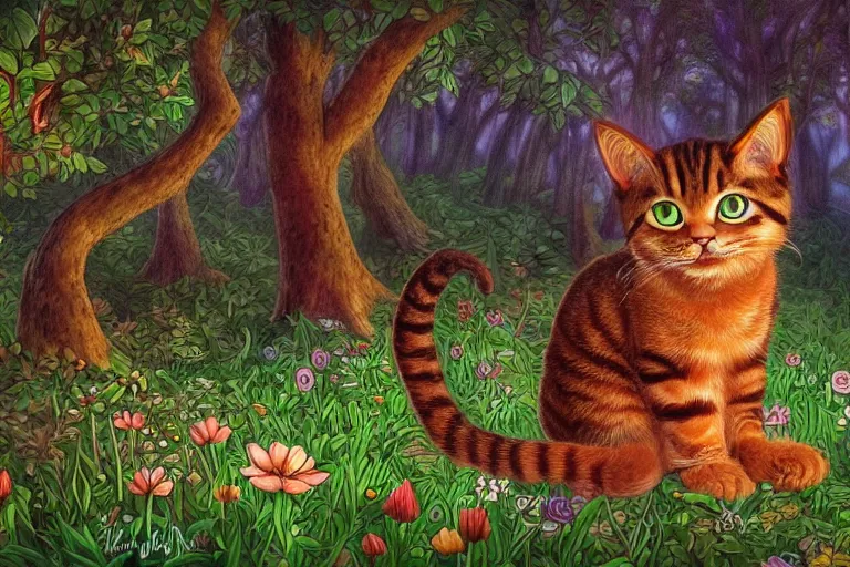 Image similar to a cat in a forest, highly detailed, digital art, trending on artstation, backlighting, by kawacy, by wayne mclouglin, by don bluth, by ken sugimori, by louis wain, fan art