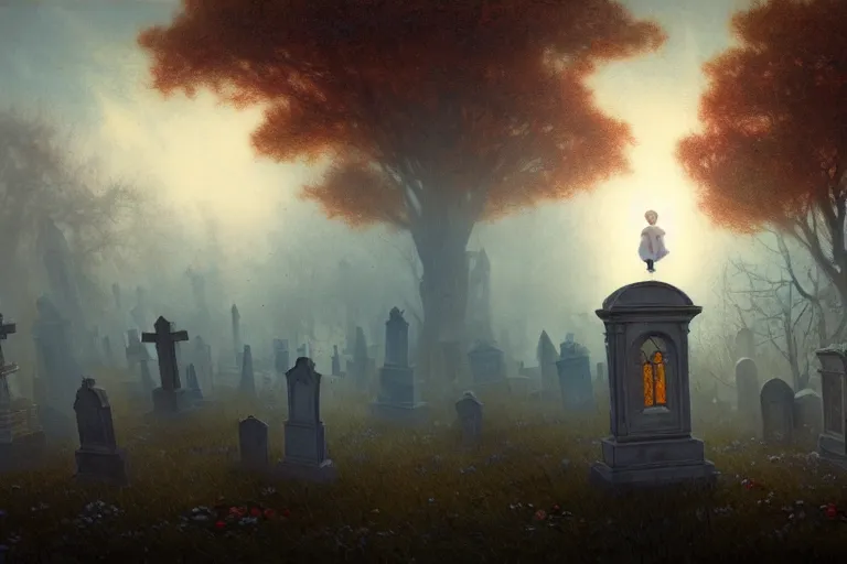 Image similar to casper the friendly ghost flying over a graveyard at midnight, cinestill, painted by james jean and gaston bussiere, very detailed and cute and cozy and transparent, backlight, fog, mist, trending on artstation, many other ghosts living in a haunted tree, haunted house in the background