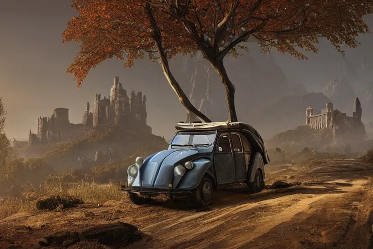 Image similar to offroad citroen 2 cv ( 1 9 6 5 ) of daedric design driving across the rift, daedric axe stored on the side of the car, leather and cloth traveller backpacks on roof, riften city in the background, epic fantasy, autumn, the elder scrolls v : skyrim, dramatic lighting, establishing shot, by simon stalenhag