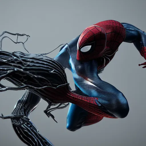 Image similar to a single venom and spider - man hybrid, dslr, cinematic, volumetric lighting, 8 k resolution, photorealistic