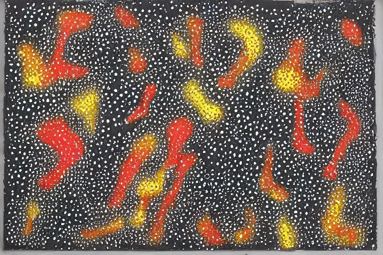 Image similar to teeth, smile, faceless people, black figures, dark, acrylic, clay, dots abstract, dripping, stipple, pointillism, technical, abstract, minimal, style of francis bacon, asymmetry, pulled apart, stretch, cloak, eerie, made of dots, abstraction chemicals, blotter, mask, colored dots, splotch, old painting style