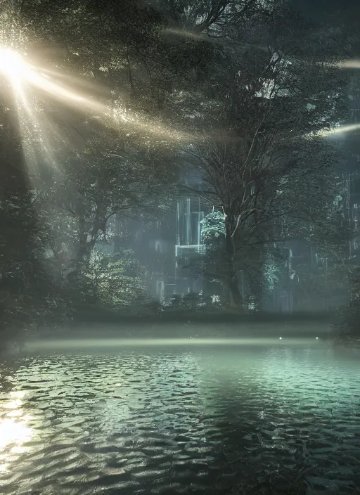 Prompt: photography at night of an ethereal pond, a central sunlight glare, mystical lights, cyber futuristic lights, masterpiece, epic, cinematic, hyperealistic, high detailed, corona render, hdr, ray tracing