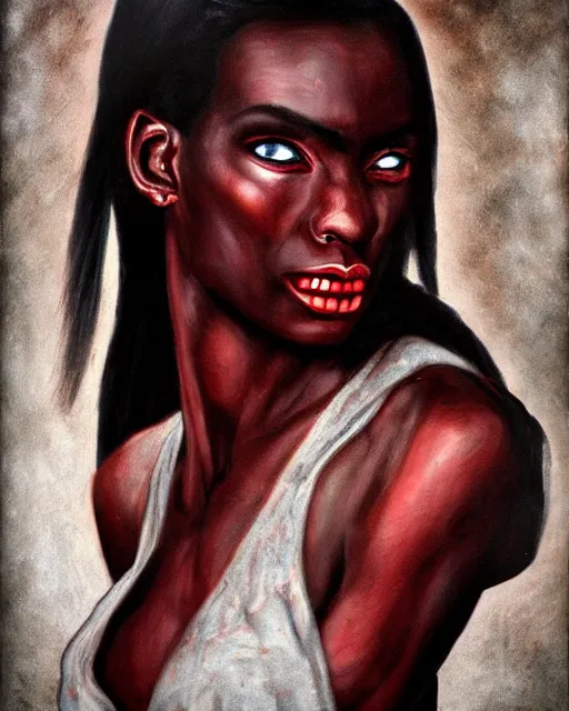 Image similar to ancient nilotic african androgynous vampire woman with demonic eyes, portrait, hyperrealistic