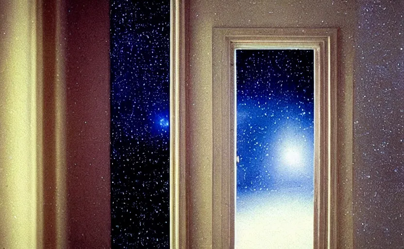 Prompt: A door opens to galaxy in the shining by stanley kubrick, shot by 35mm film color photography