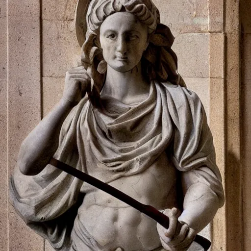 Image similar to a marble statue of a man holding a square shovel like a sword, renaissance style