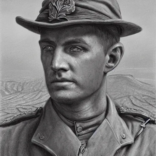 Image similar to a detailed photorealistic sepia - toned color portrait painting of a 1 9 1 7 worried clean - shaven british lieutenant in field gear in north arabia examining an ancient cylindrical clay jar, ultra realistic, intricate details, atmospheric, dark, horror, brooding, highly detailed, by clyde caldwell