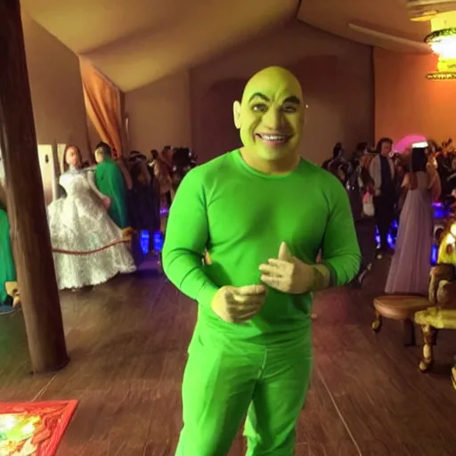 Image similar to wally bayola as shrek with formal clothes