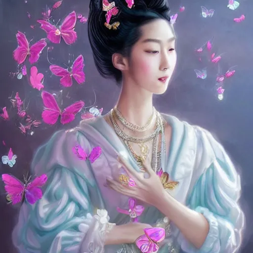 Prompt: beautiful, asian young woman, in victorian aristocrat clothing, detailed gorgeous face, flowing hair, vaporwave aesthetic, synthwave long luxurious gown made out of pearls, hair done up with flowers and ribbons, digital art, butterflies, birds, digital painting, artstation, concept art, smooth, sharp focus, illustration, art by artgerm and greg rutkowski and alphonse mucha