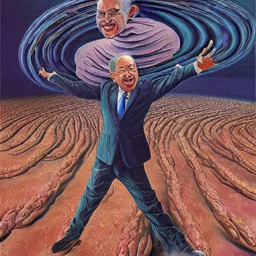 Image similar to benjamin netanyahu swirling into madness, abstract painting, by michael cheval and salvador dali and wayne barlowe