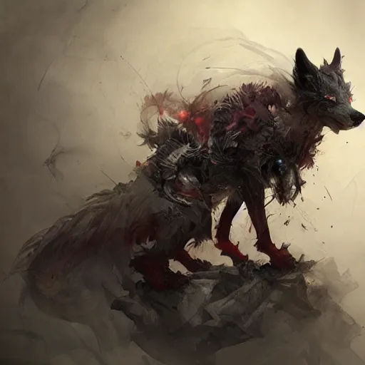 Prompt: ellen jewett, mysterious wolf with red eyes, concept art,