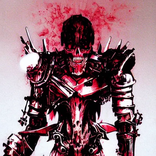 Prompt: skull wearing black knight armor creepy intimidating dragging red hot glowing sword by Yoji Shinkawa