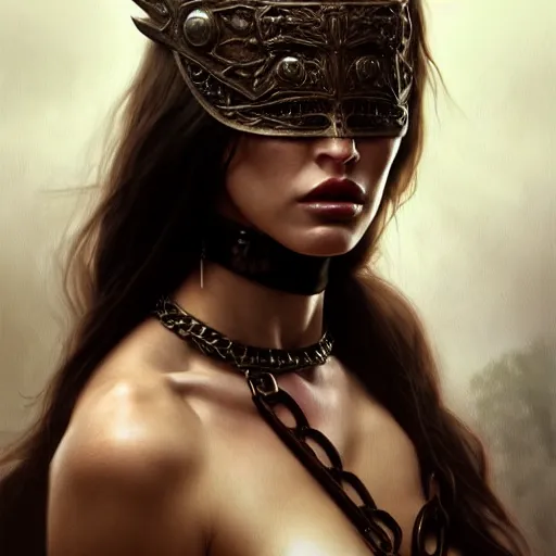 Image similar to portrait of megan fox, muscular upper body, slave collar, blindfolded, dress, fantasy, intricate, elegant, highly detailed, digital painting, artstation, concept art, matte, sharp focus, illustration, art by aenaluck and roberto ferri and greg rutkowski, epic fantasy, digital painting