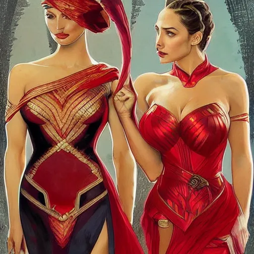 Image similar to lindsey pelas and gal gadot wearing a red kebaya, digital painting, artstation, concept art, sharp focus, illustration, art by artgerm and greg rutkowski and alphonse mucha