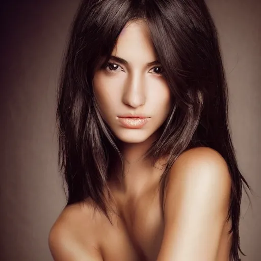 Image similar to Portrait photo of a Spanish Supermodel, long dark hair, olive skin, she has beautiful bone structure, posed in profile, studio lighting, highly detailed, art by artgerm, fine art photography