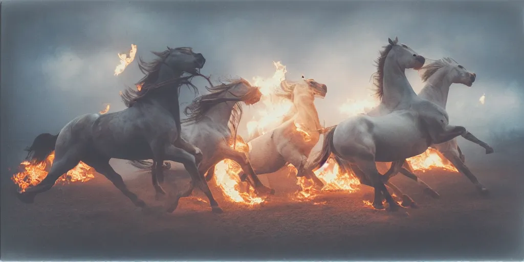Prompt: A polaroid photo of white horses running from a carousel on fire, big flames, smoke, dirt, eerie ambient, low light, wide angle, detailed,by Ruan Jia and Mandy Jurgens and Artgerm and William-Adolphe Bouguerea