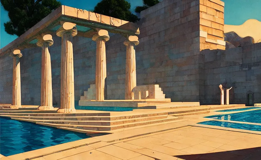 Prompt: A greek temple with a big pool , very coherent, painted by Edward Hopper, Wayne Barlowe, painted by James Gilleard, airbrush, art by JamesJean