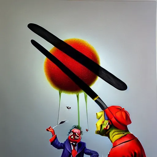 Image similar to hyperrealism painting from the housefly perspective getting swatted at from an angry and sick clown man with a fly swatter in the kitchen