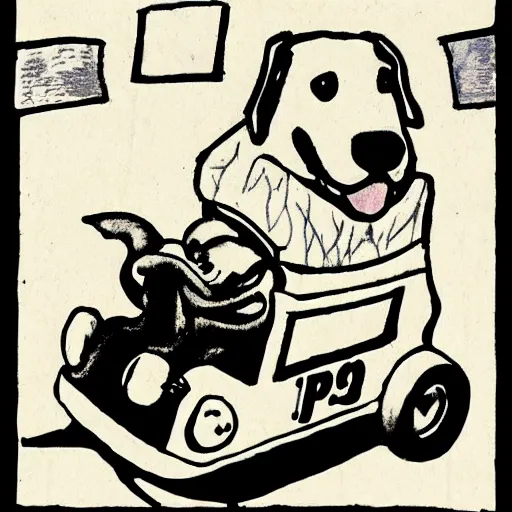 Prompt: a dog riding a race car in the style of P.D. Eastman