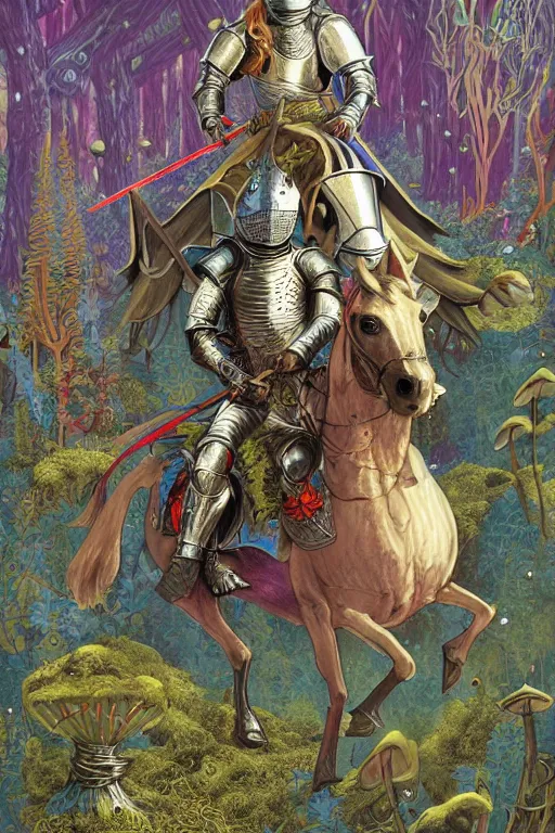 Image similar to medieval knight riding a horse in a magic kingdom overgrown by moss and plants, shiny armor, enchanted forest with flying faires, wizards and magic mushrooms in the background, illustrated by james jean, very detailed and colorful, comicbook cover