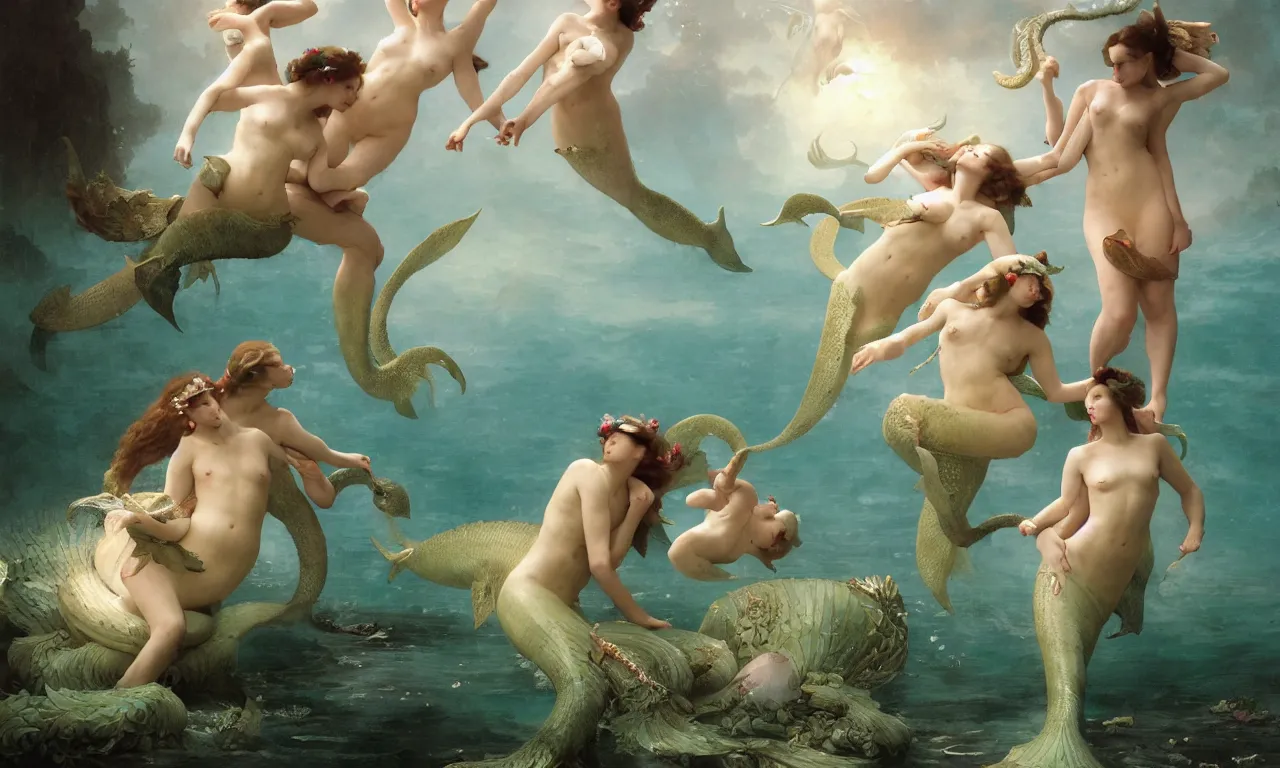 Prompt: a luminous springtime fairytale of beautiful realistic mermaids frolicking with the Kraken in the romantic underwater baroque kingdom of Neptune. Neon light, masterpiece 4k digital illustration by Ruan Jia and Mandy Jurgens and William-Adolphe Bouguereau, award winning, Artstation, Gustave Dore' background, intricate details, realistic, panoramic view, volumetric lighting, sun rays beaming, Hyperdetailed, 8k resolution, golden hour, intricate art nouveau, smooth, sharp focus, rendered in Unreal Engine 3