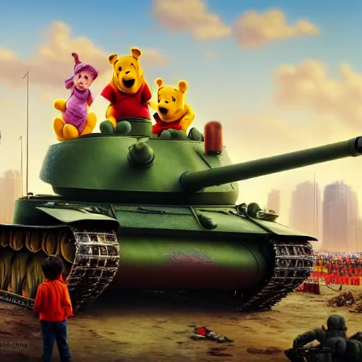 Image similar to winnie the pooh protesters sit down in front of tank at tiananman square, cute and cuddly, highly detailed, photorealistic, octane render, 8 k, unreal engine. art by artgerm and greg rutkowski and alphonse mucha