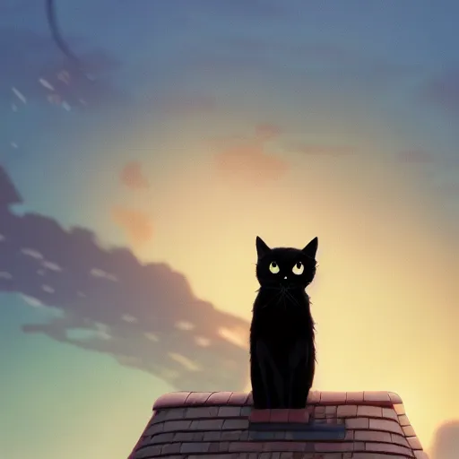 Image similar to a wholesome animation key shot of a black cat seated on top of a roof with tiles, medium shot, studio ghibli, pixar and disney animation, sharp, rendered in unreal engine 5, anime key art by greg rutkowski, bloom, dramatic lighting, golden hour