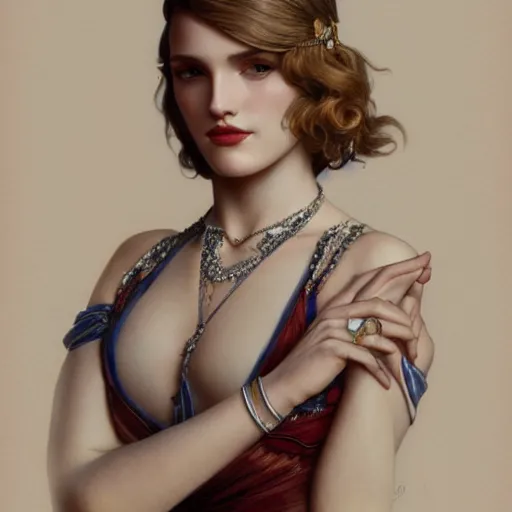 Image similar to ultra realistic illustration, 1 9 2 0 s bella thorne wearing, intricate, elegant, highly detailed, digital painting, artstation, concept art, smooth, sharp focus, illustration, art by artgerm and greg rutkowski and alphonse mucha