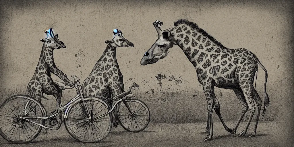 Image similar to giraffe pig hybrids riding bicycles, sepia toned illustration